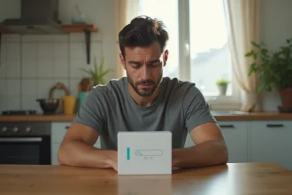 Homme seul face à un kit de test ADN sur une table de cuisine, illustrant le questionnement sur la paternité après une infidélité en France
