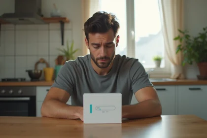 Homme seul face à un kit de test ADN sur une table de cuisine, illustrant le questionnement sur la paternité après une infidélité en France