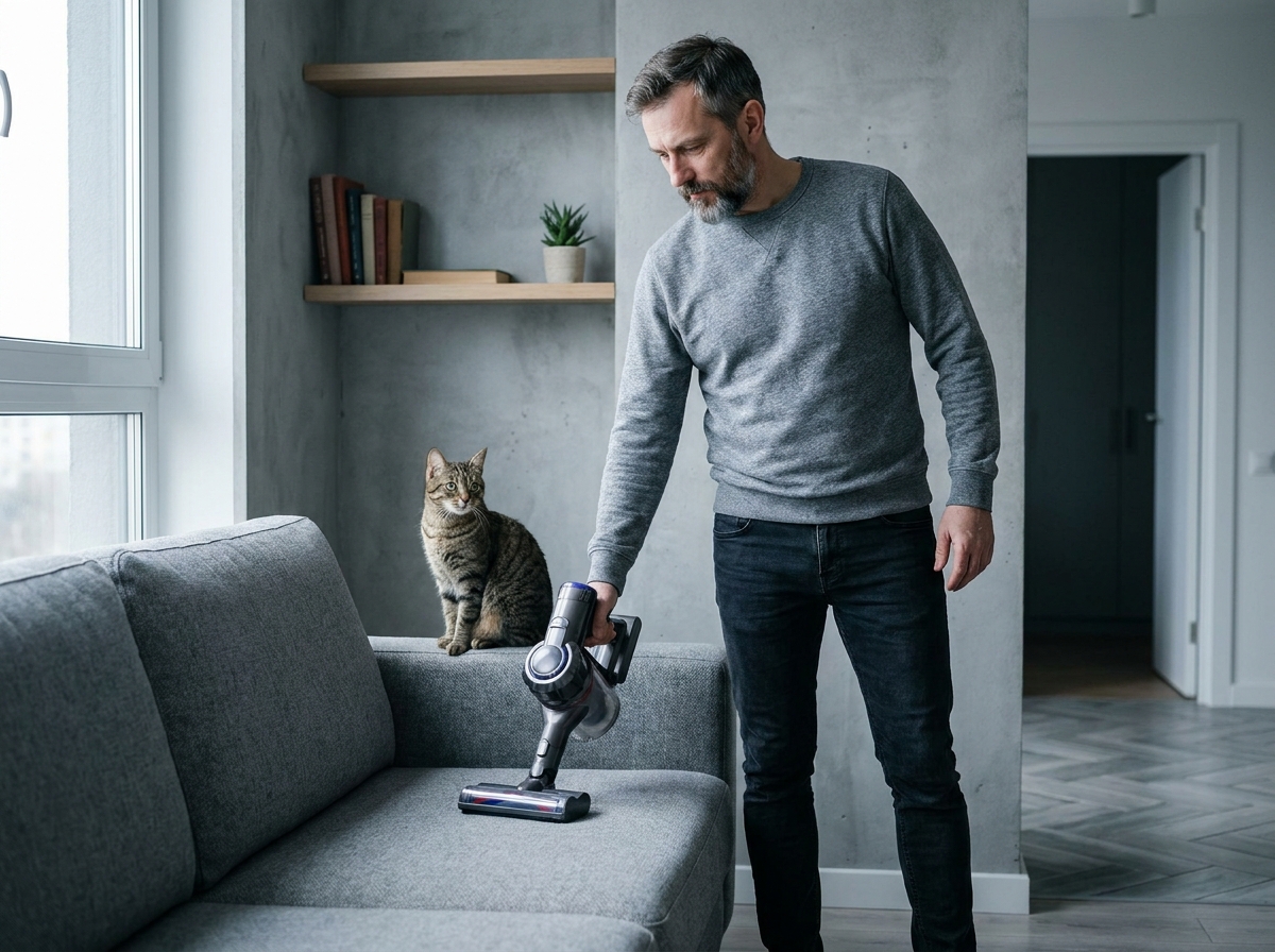 Homme passant l'aspirateur sur un canapé en présence de son chat dans un logement de Courbevoie, hygiène intérieure avec un animal