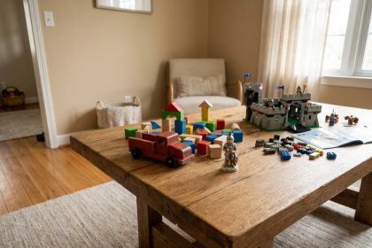 Table en bois couverte d'une variété de jouets classiques pour enfants, évoquant les meilleures idées cadeaux