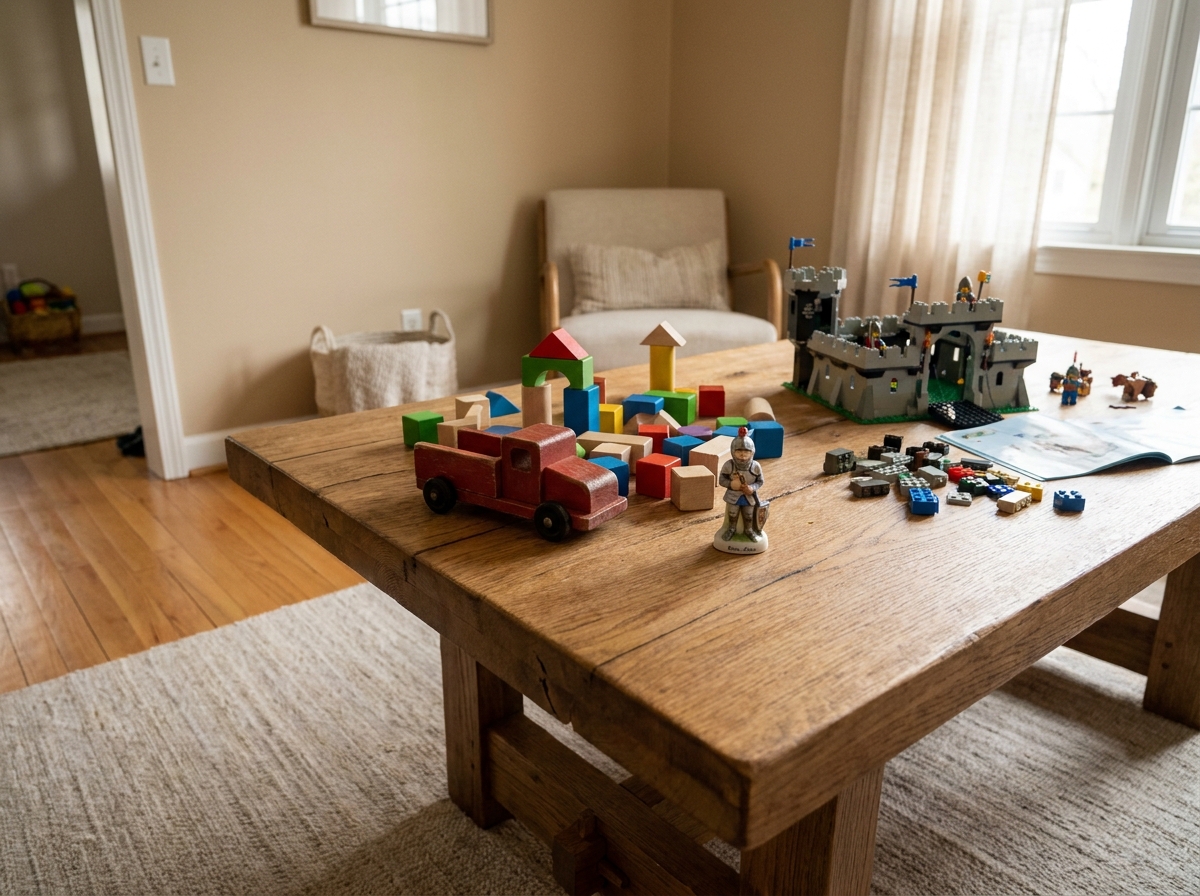 Table en bois couverte d'une variété de jouets classiques pour enfants, évoquant les meilleures idées cadeaux
