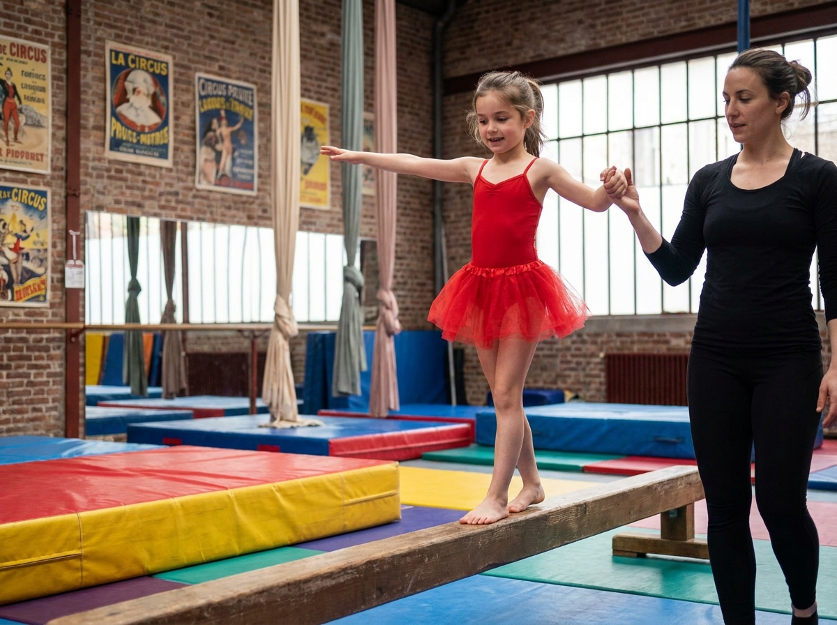 Jeune fille en justaucorps rouge apprenant l'équilibre sur une poutre dans une école de cirque à Paris avec une instructrice