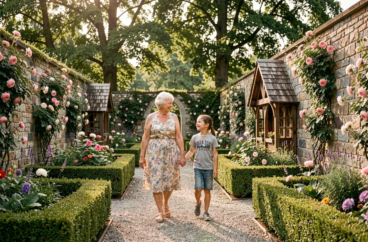Grand-mère et petite-fille se promenant dans les Jardins Secrets de Vaulx en Haute-Savoie