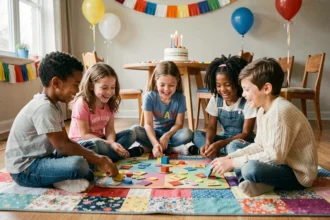 Groupe d'enfants jouant à un jeu coopératif lors d'un anniversaire, assis en cercle sur un tapis coloré dans une salle décorée de guirlandes et ballons