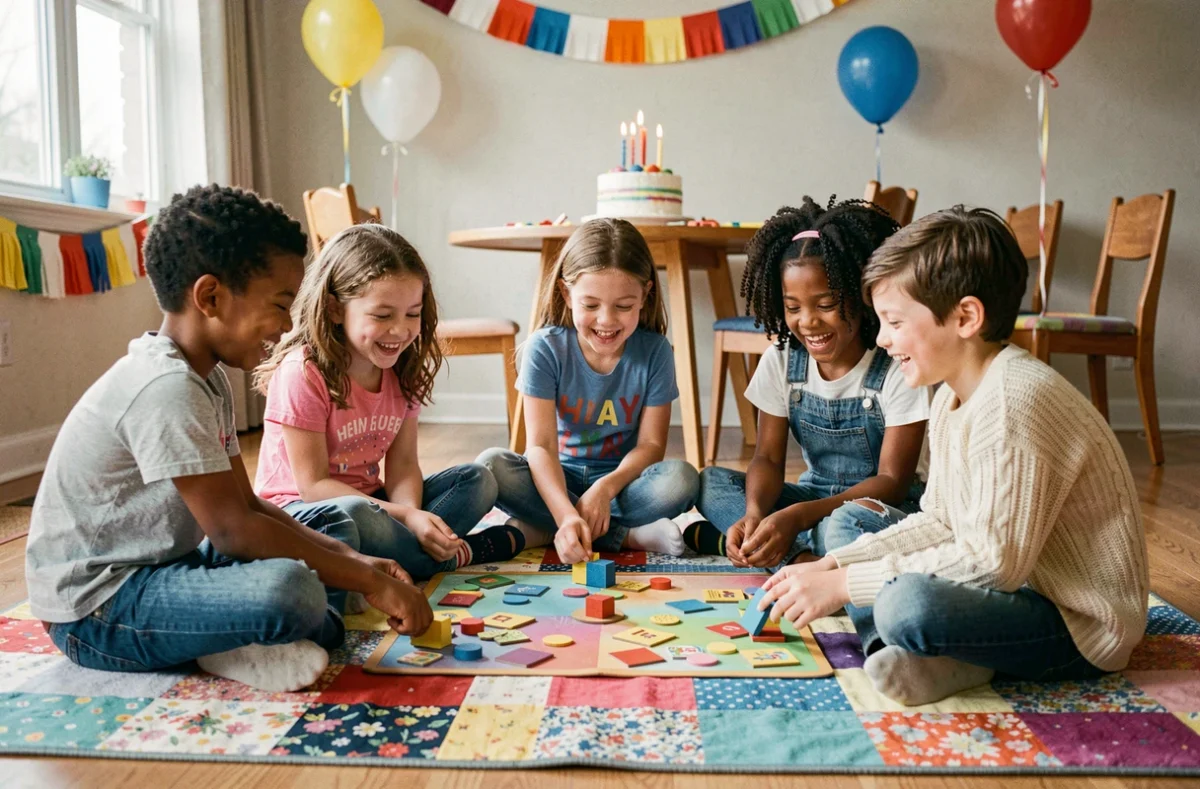 Groupe d'enfants jouant à un jeu coopératif lors d'un anniversaire, assis en cercle sur un tapis coloré dans une salle décorée de guirlandes et ballons