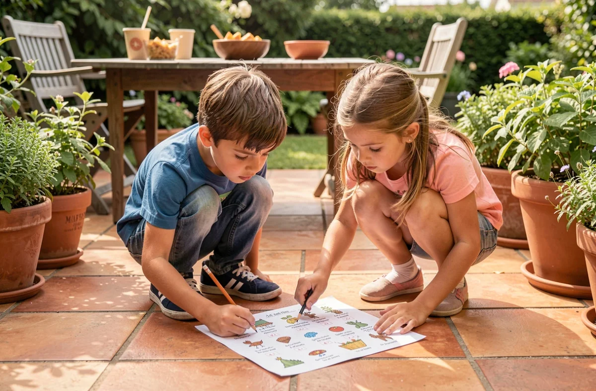 Deux enfants concentrés sur une feuille de jeu de piste imprimée lors d'un goûter d'anniversaire en plein air