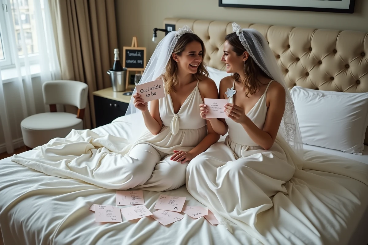 Deux amies jouant à un jeu de questions EVJF sur un lit d'hôtel avec voile de mariée et cartes imprimées éparpillées