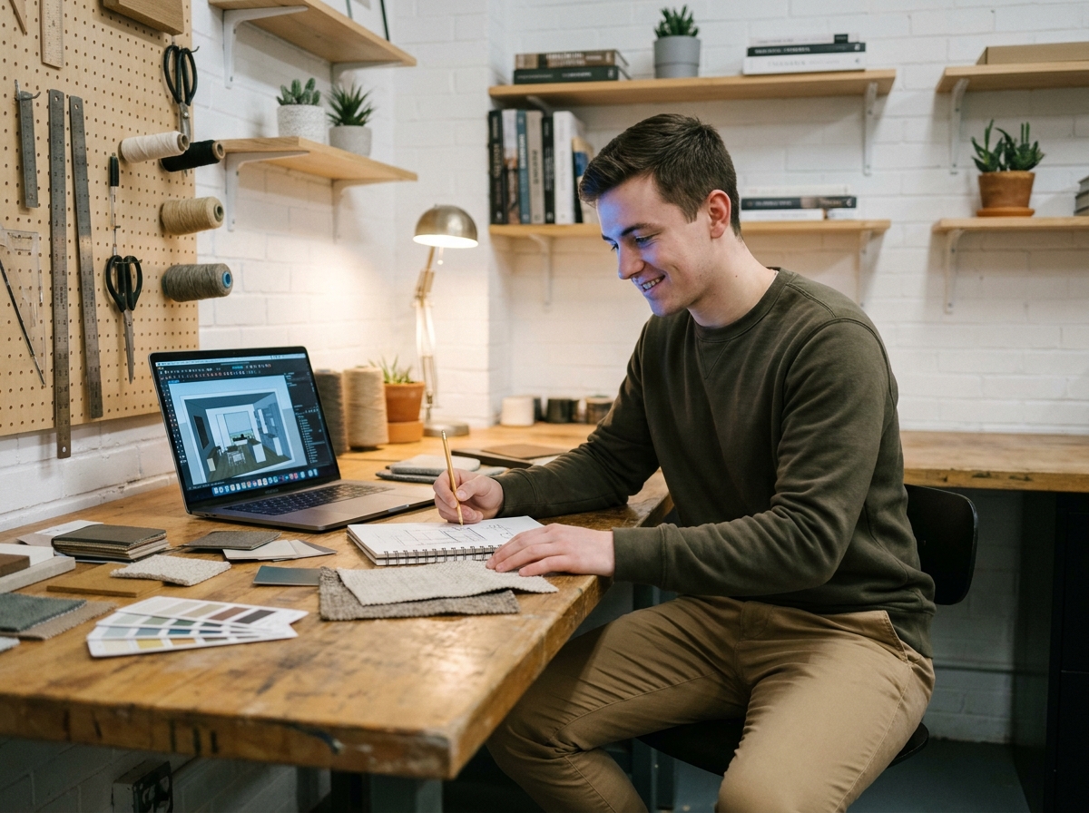 Jeune homme de la génération Z travaillant sur des échantillons de matériaux et des croquis dans un studio de design d'intérieur