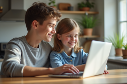 Adolescent et parent regardant un ordinateur à la maison