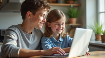 Adolescent et parent regardant un ordinateur à la maison