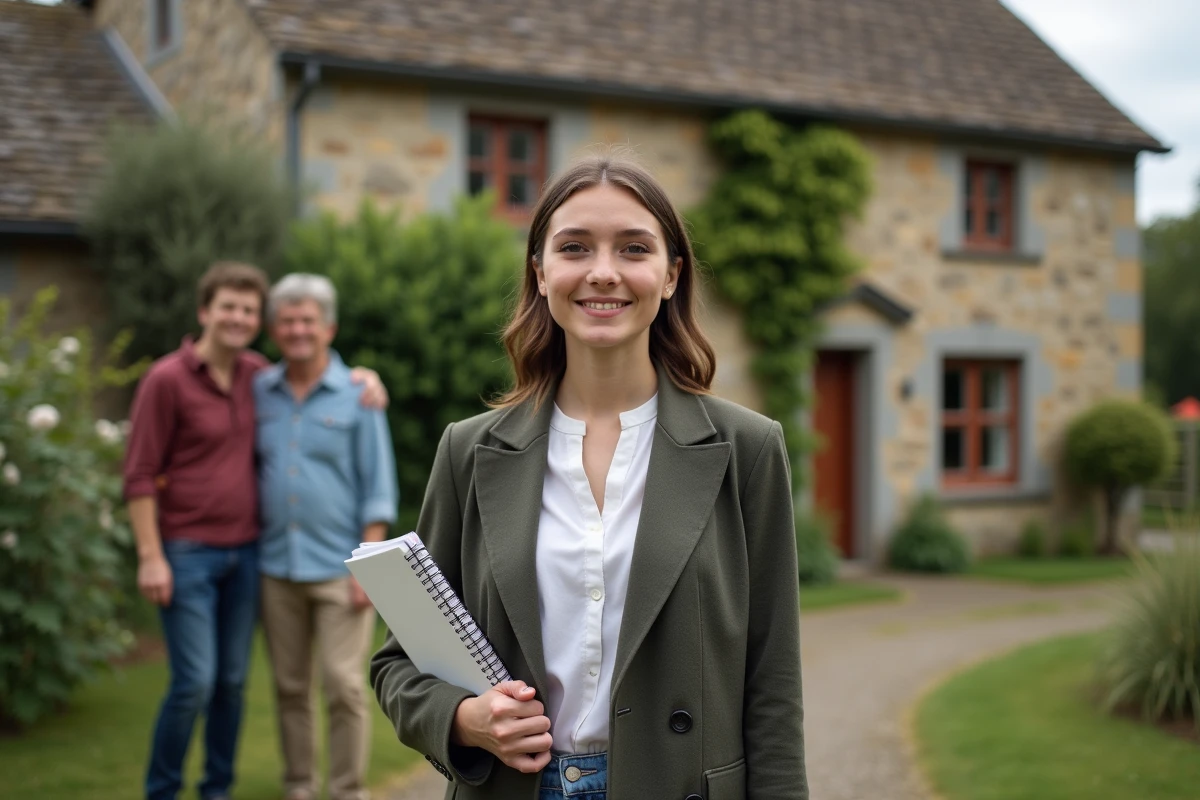 Jeune femme devant une maison ancienne avec ses parents