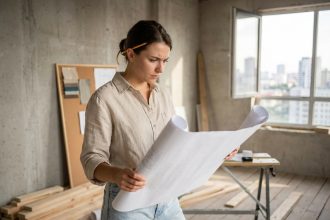 Jeune femme de la génération Z consultant un plan d'architecte d'intérieur dans un appartement en cours de rénovation