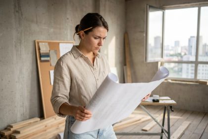 Jeune femme de la génération Z consultant un plan d'architecte d'intérieur dans un appartement en cours de rénovation