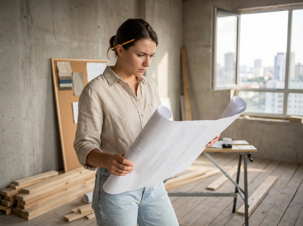 Jeune femme de la génération Z consultant un plan d'architecte d'intérieur dans un appartement en cours de rénovation
