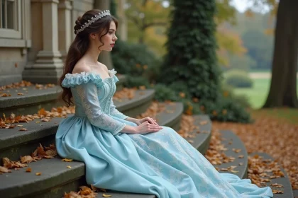 Jeune femme en robe bleue assise devant un château en automne