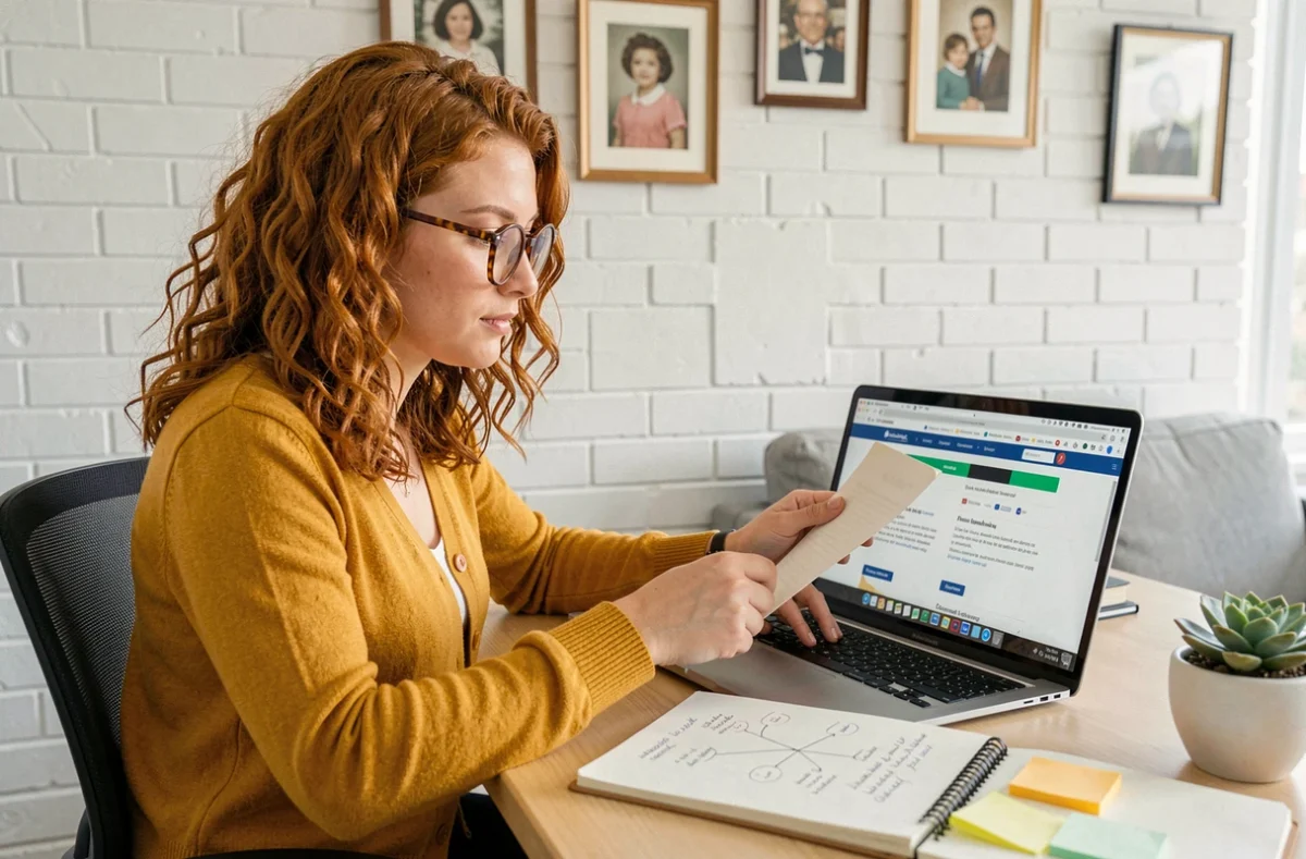Jeune femme effectuant des recherches généalogiques en ligne sur un site d'archives françaises depuis son domicile