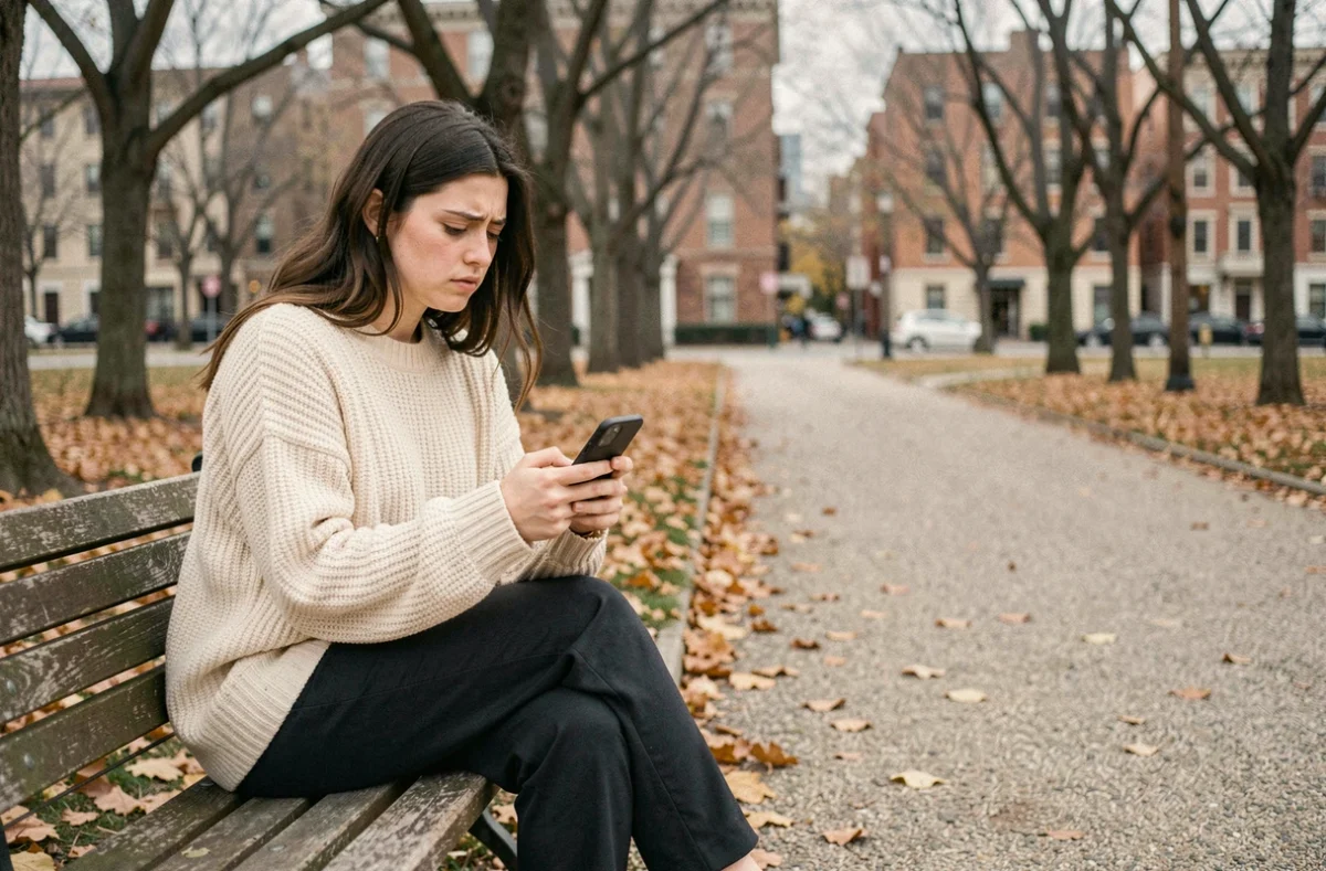 Jeune femme adulte rédigeant un message sur son téléphone dans un parc en automne pour parler à ses parents de son besoin de distance