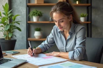 Jeune femme française organise un calendrier coloré dans un bureau moderne