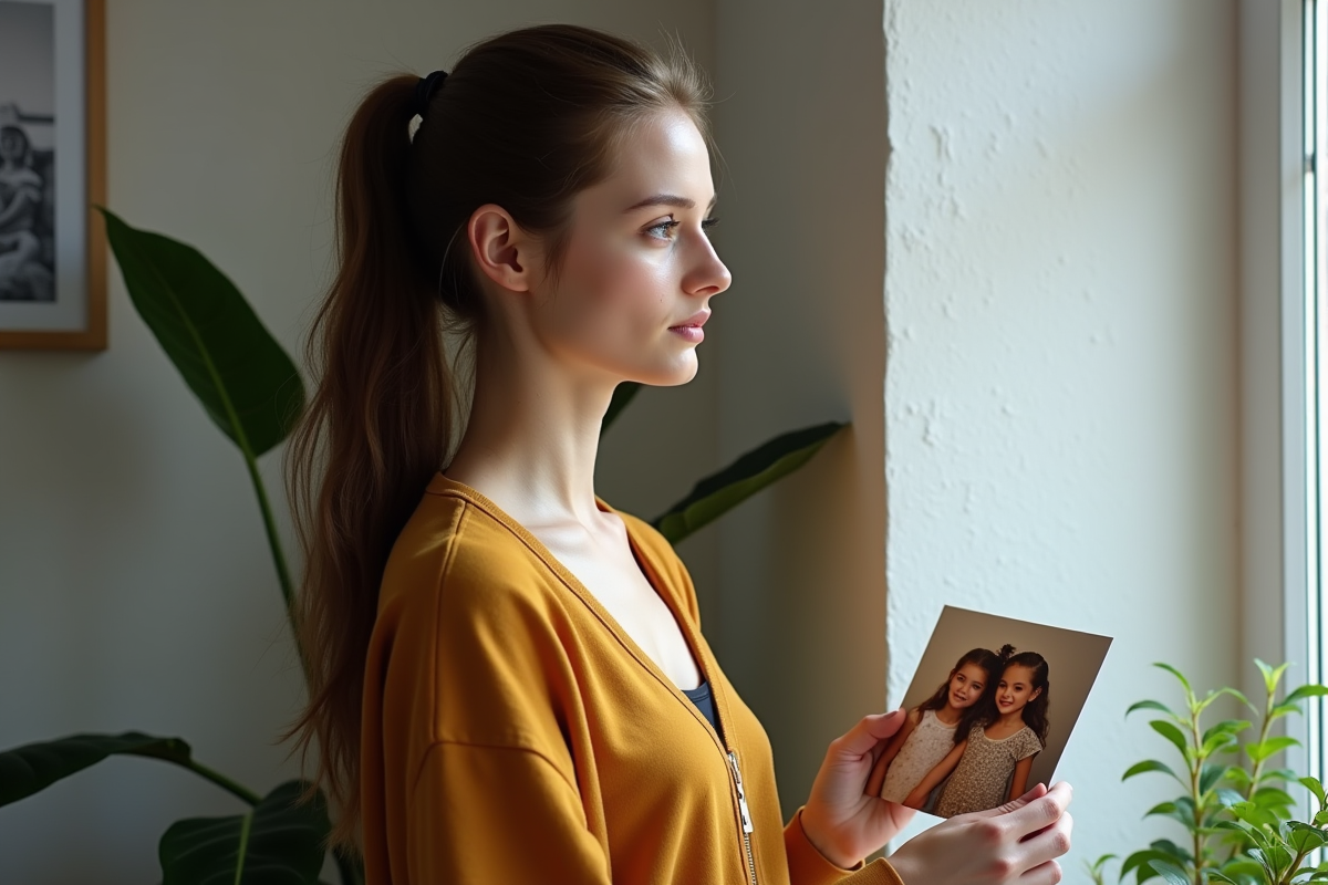 Jeune femme regardant une photo d