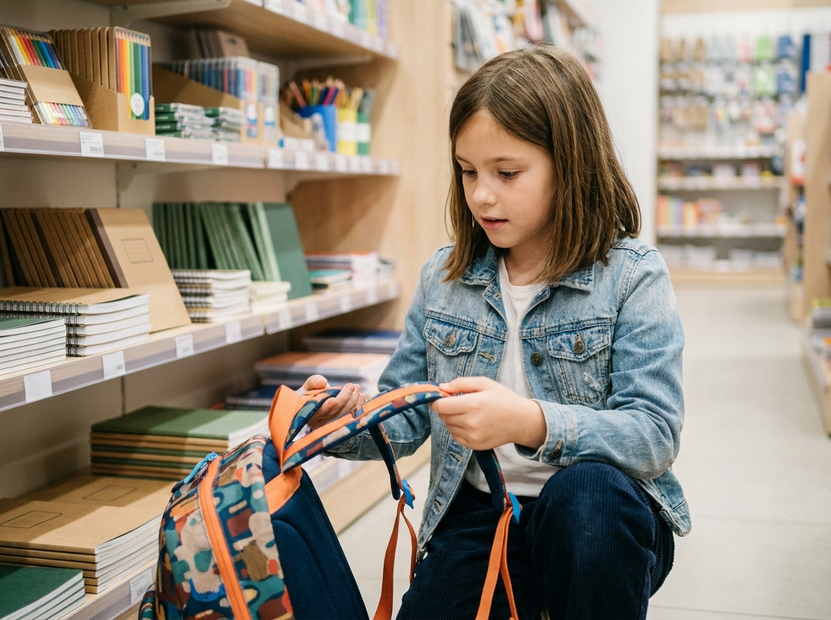 Jeune fille choisissant un sac à dos dans un magasin de fournitures scolaires pour la rentrée