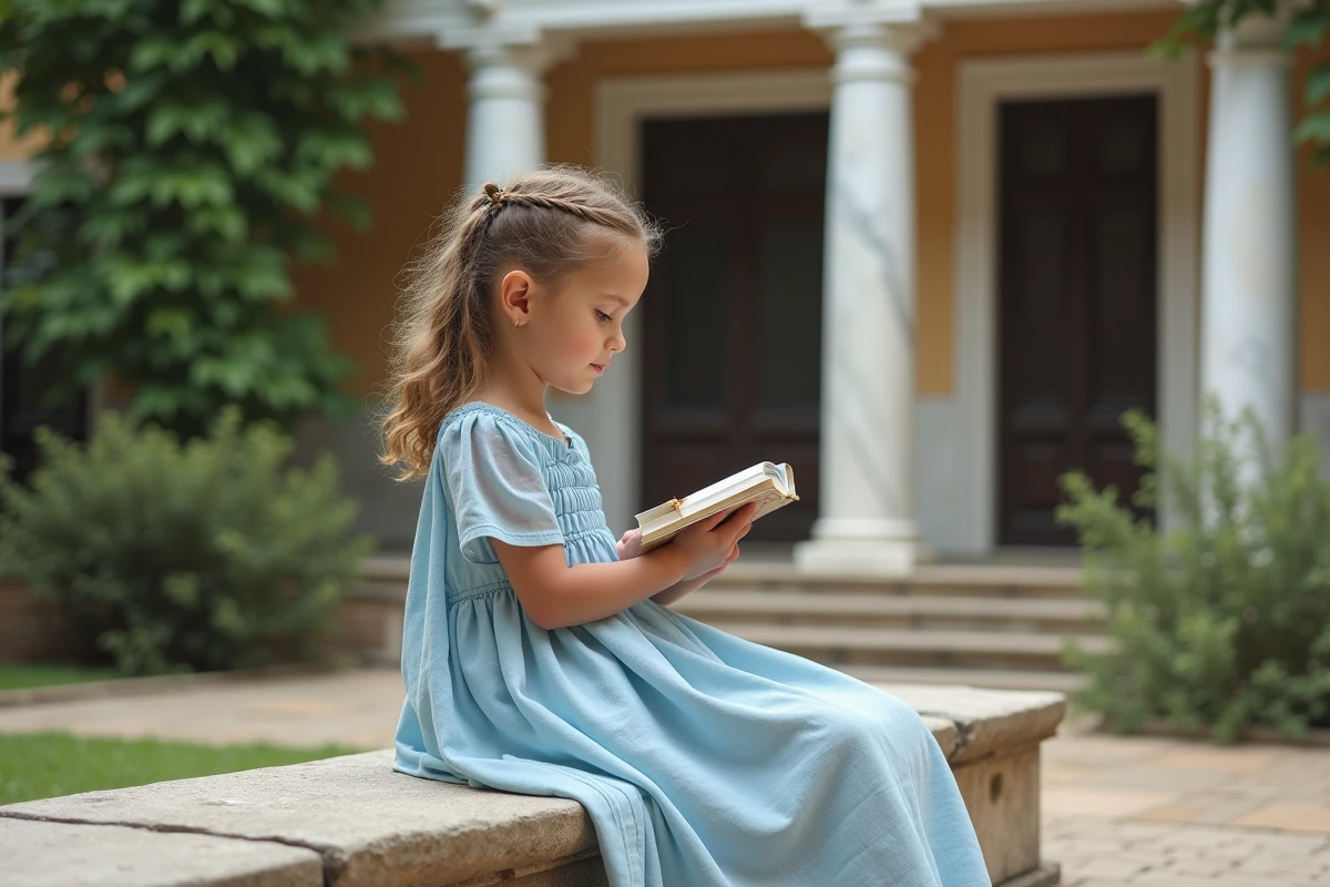 Jeune fille en robe grecque dans un jardin historique