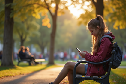 Jeune fille assise seule sur un banc dans un parc en journée