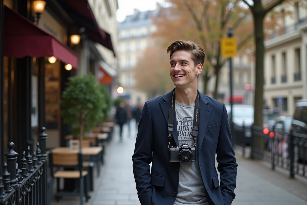 Jeune homme souriant avec appareil photo dans une rue parisienne