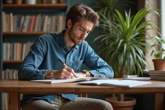 Jeune homme en denim sketchant dans un appartement moderne