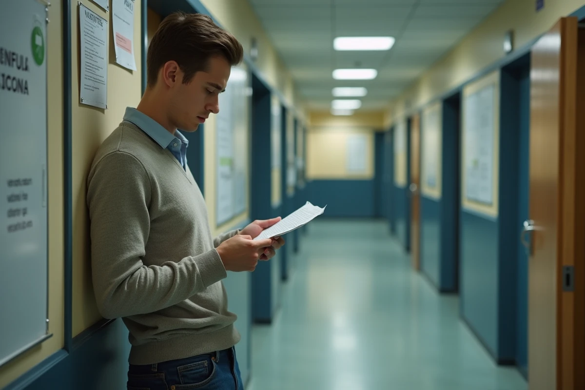 Jeune homme lisant une lettre dans un couloir administratif