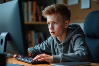 Adolescent concentré devant son ordinateur dans sa chambre