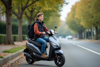 Jeune garçon de 14 ans sur un scooter moderne en quartier résidentiel