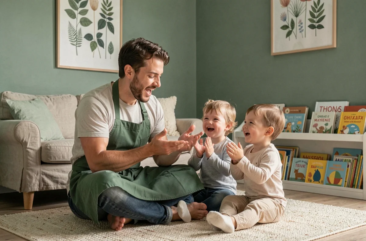 Espace lecture apaisant de la crèche Les Jeunes Pousses Green à Changé avec un auxiliaire de puériculture animant une chanson