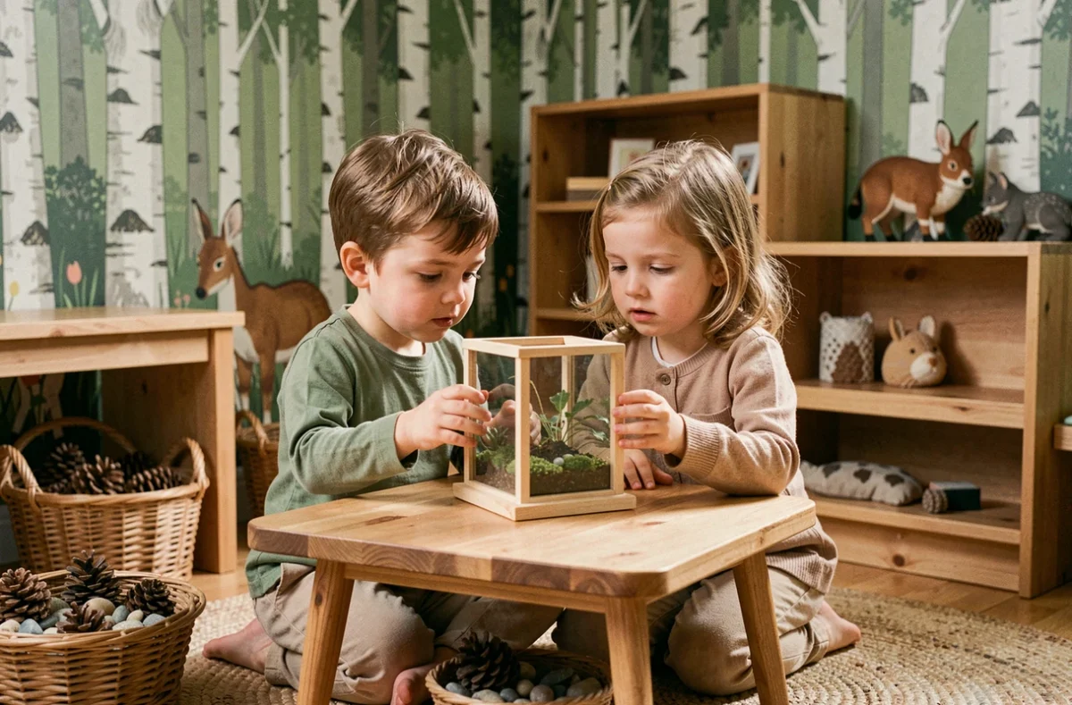 Salle de jeux à thème forêt de la crèche Les Jeunes Pousses Little Forest 1 à Ancenis avec deux enfants explorant la nature