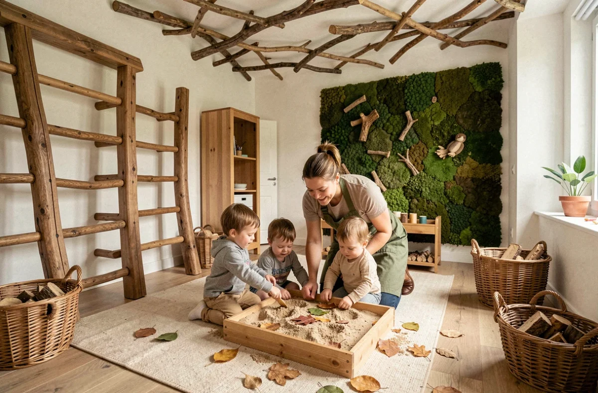 Espace sensoriel de la crèche Les Jeunes Pousses Little Forest 2 à Ancenis avec éducatrice et enfants autour d'une activité nature