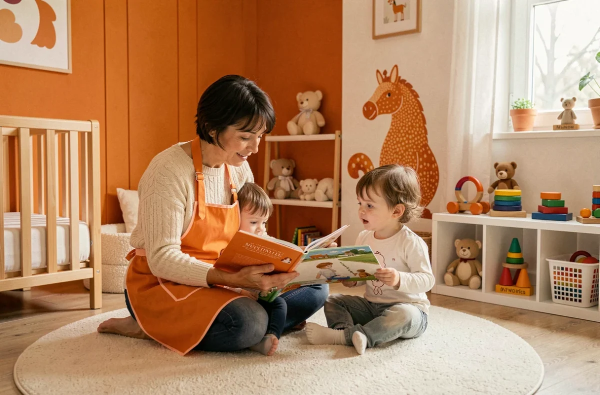 Salle aux accents orangés de la crèche Les Jeunes Pousses Orange à Changé en Mayenne avec une auxiliaire lisant aux enfants