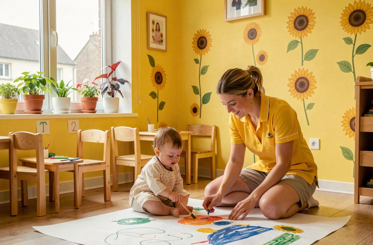 Salle ensoleillée de la crèche Les Jeunes Pousses Yellow à Changé en Mayenne avec une éducatrice aidant un enfant à peindre