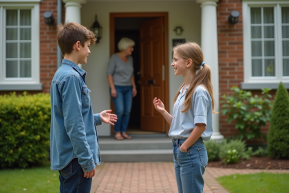 Adolescents saluant une vieille dame devant sa maison