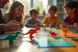 Session de jeu en famille avec pièces de dinosaures colorées