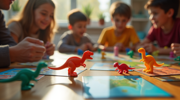 Session de jeu en famille avec pièces de dinosaures colorées