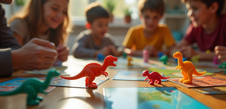 Session de jeu en famille avec pièces de dinosaures colorées