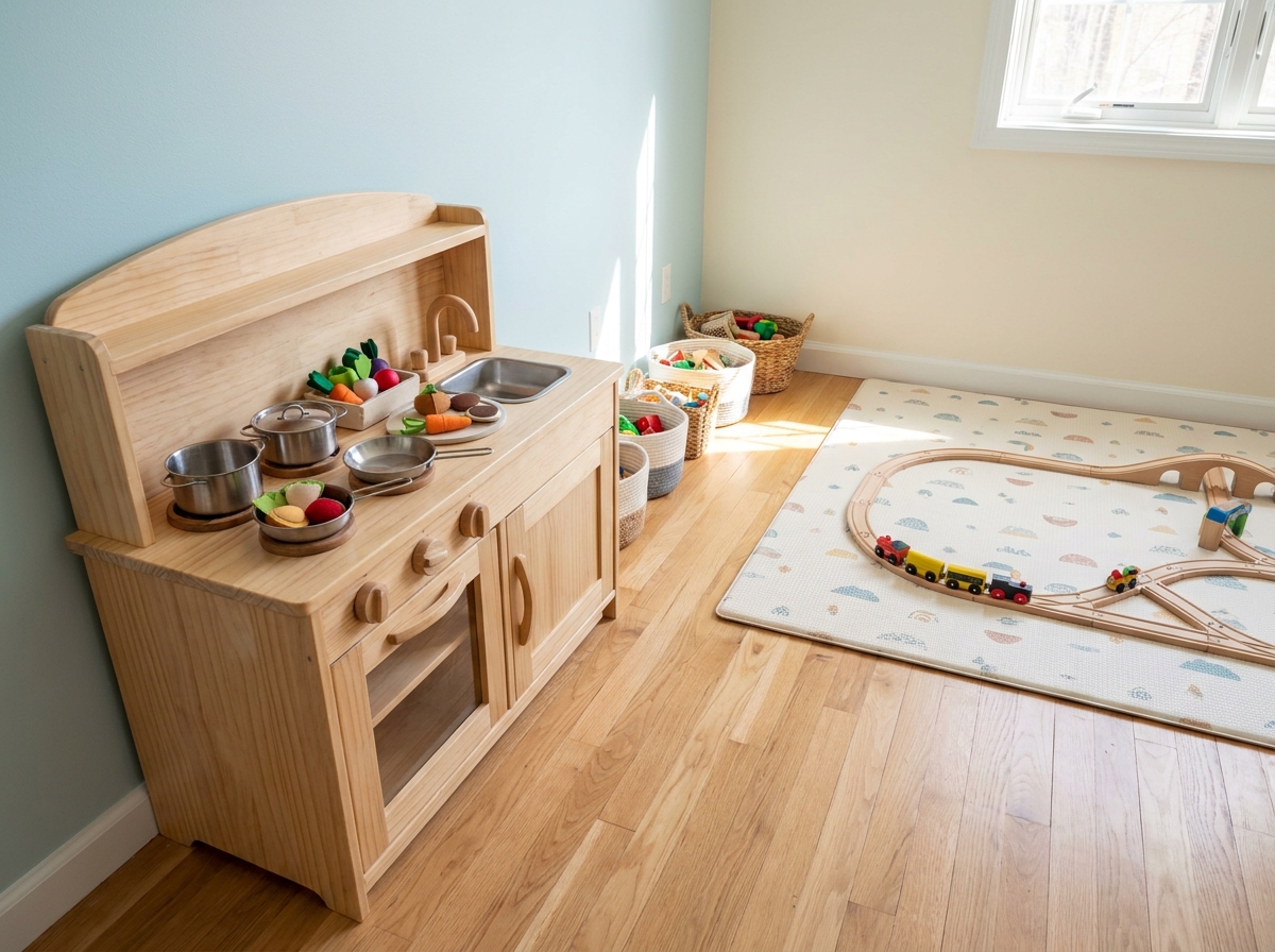 Cuisine jouet en bois avec mini-ustensiles et circuit de train en bois posé sur un tapis de jeu dans une salle de jeux cosy