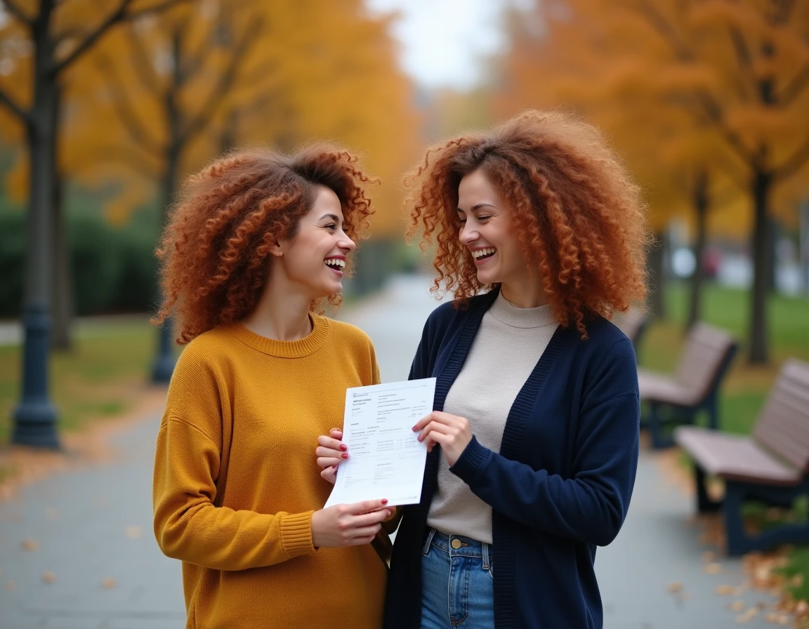 Jumelles adultes tenant un test ADN génétique dans un parc en automne illustrant l'hérédité des jumeaux