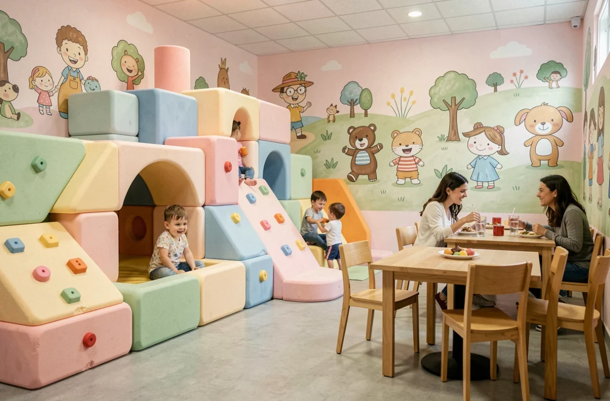 Intérieur du restaurant KidEat à Toulouse Purpan avec espace jeux coloré pour enfants et tables familiales à proximité