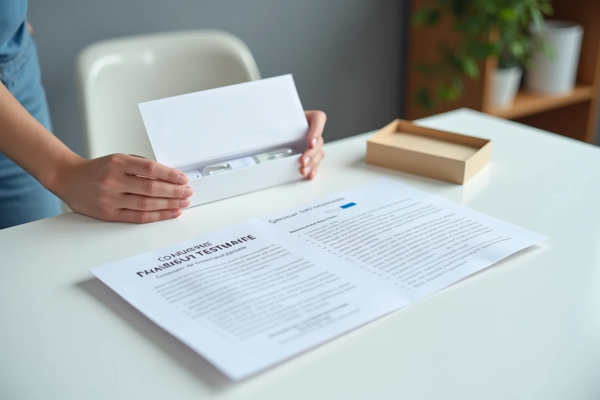 Kit de test ADN de paternité ouvert sur un bureau avec instructions en français et enveloppe de retour, vue de dessus réaliste