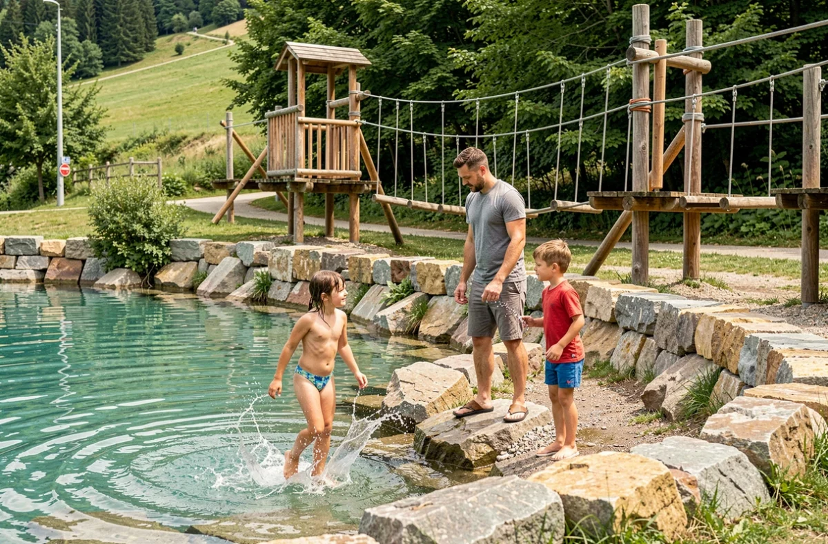 Enfants jouant dans l'eau et sur le parcours aventure de La Crique et le Criq'Parc en Haute-Savoie