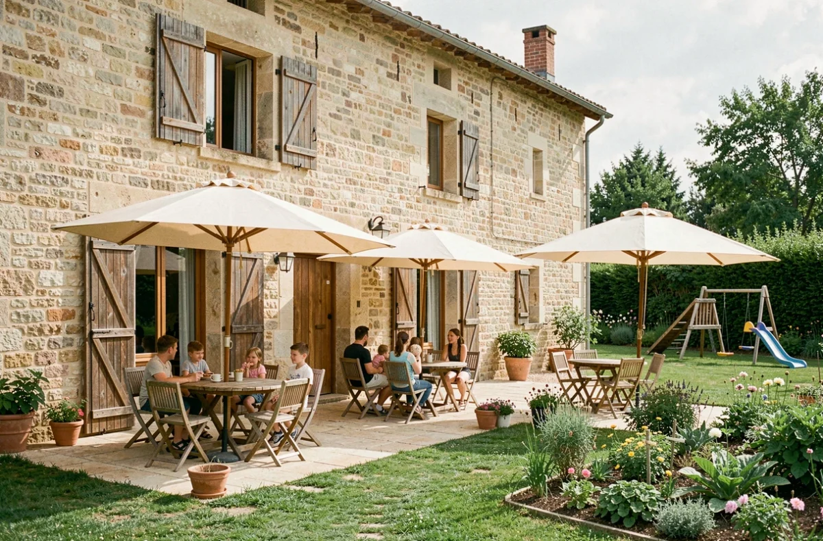 Terrasse de La Ferme de la Croix à Saint-Orens-de-Gameville, familles avec enfants installées dans un cadre champêtre avec jardin