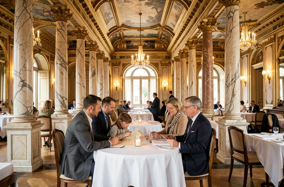 Le Bibent à Toulouse, intérieur Belle Époque somptueux avec une famille attablée dans la grande salle ornée de dorures et de colonnes en marbre