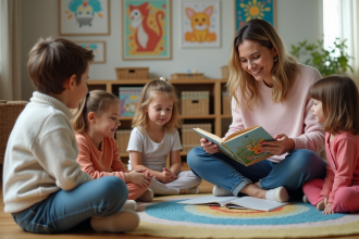 Une femme lit un livre à des enfants en crèche dans une salle chaleureuse