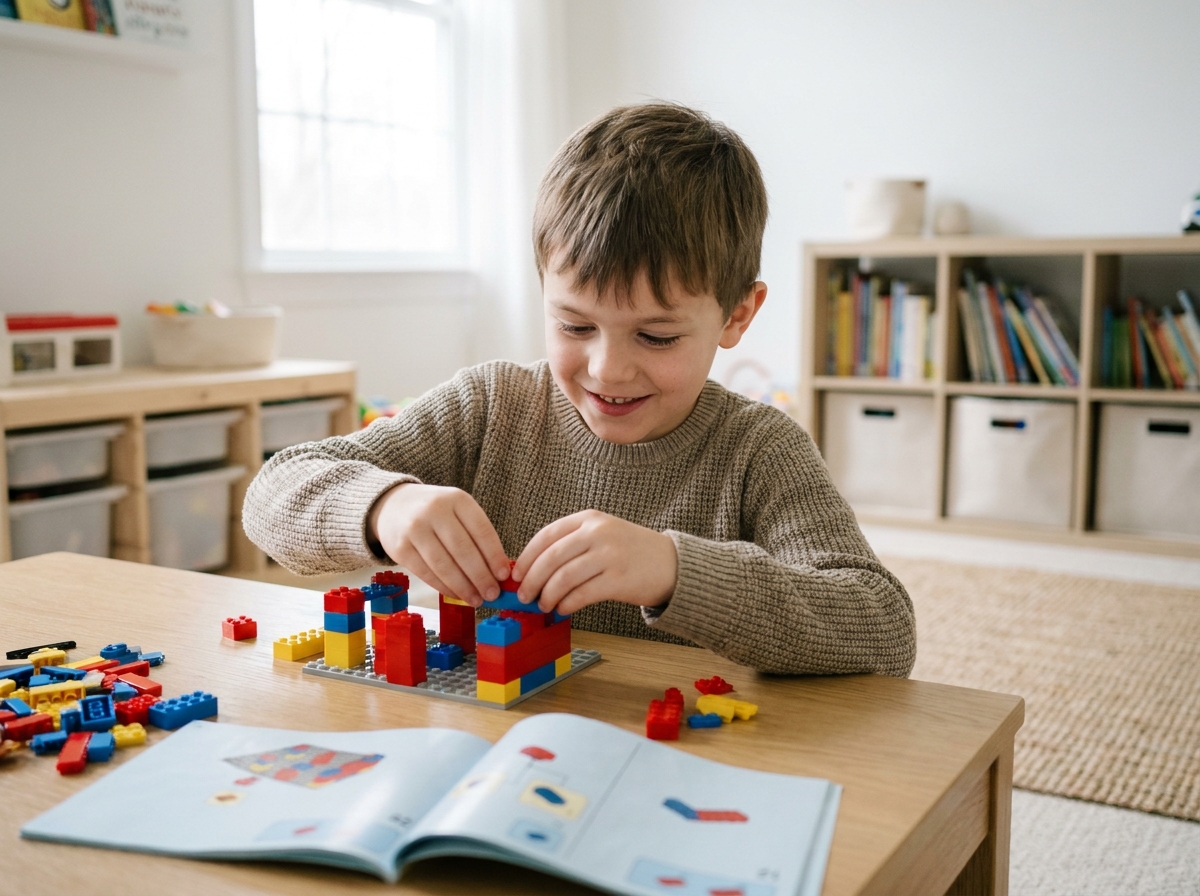 Jeune garçon assemblant des briques LEGO colorées sur un bureau en bois pour construire une structure de ville