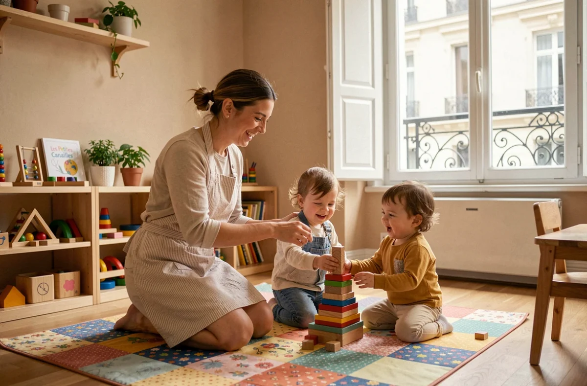 Éducatrice jouant avec des tout-petits dans la salle colorée de la garderie Les Petites Canailles à Paris
